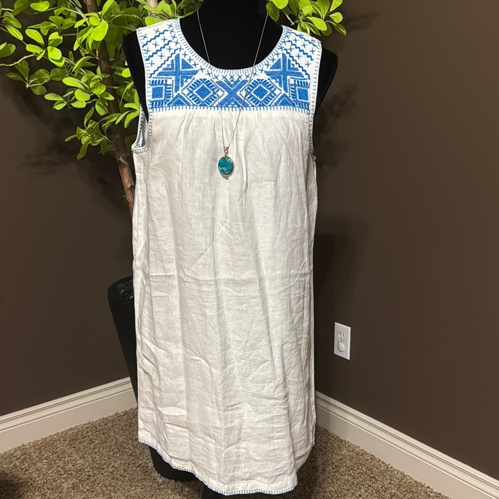 Lucky🍀Brand Boho Style White Linen Dress with Blue Embroidery